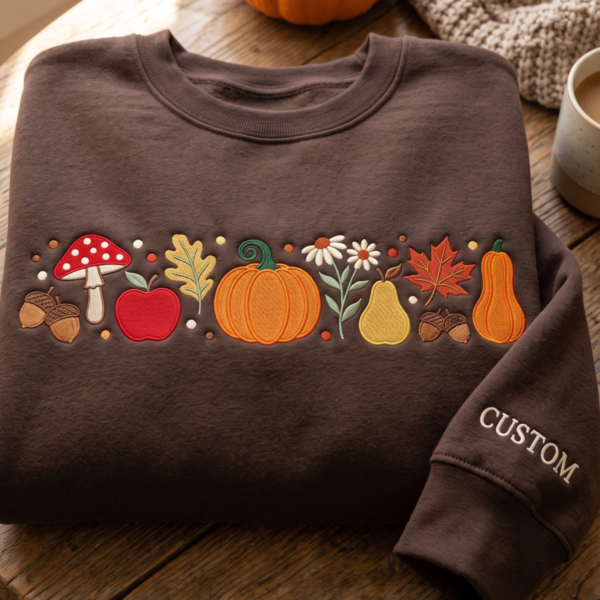 Personalized Autumn Harvest Mushroom Pumpkin Apple Leaf Daisy Acorn Pear embroidered sweatshirt — front view
