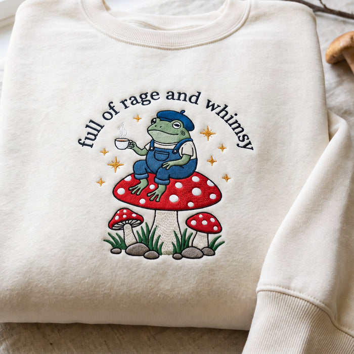 Full of Rage and Whimsy Frog Mushroom Coffee Cottagecore Embroidered Sweatshirt