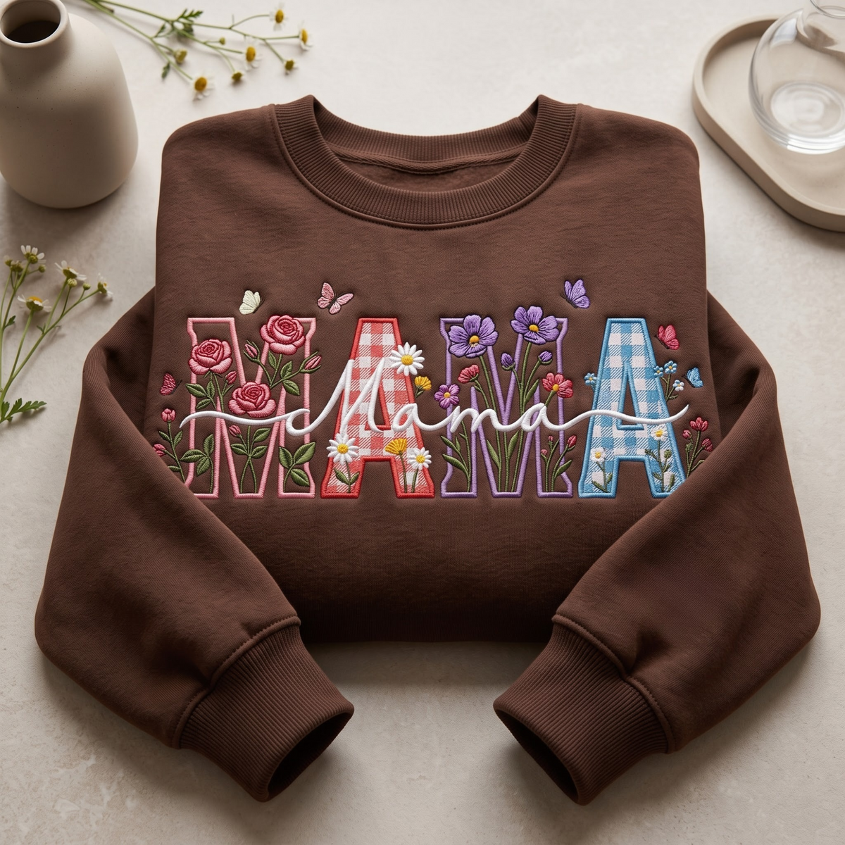 Mama Wildflower Gingham Letter Script Floral Butterfly embroidered sweatshirt — front view