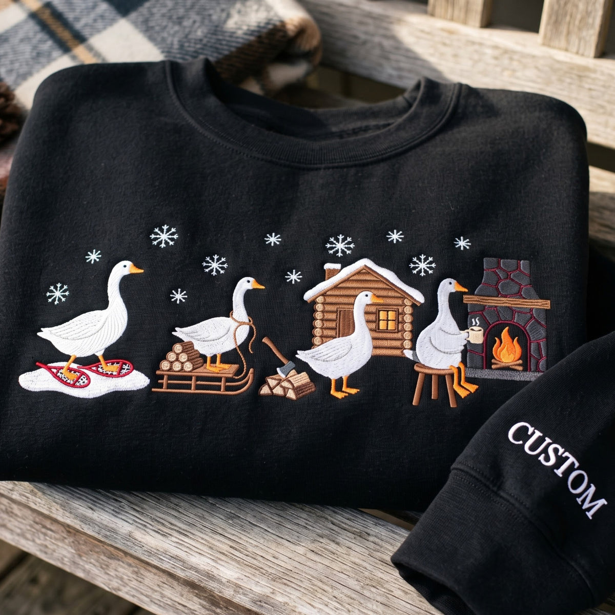 Personalized Winter Goose Snowshoe Cabin Fireplace Snowflakes embroidered sweatshirt — front view