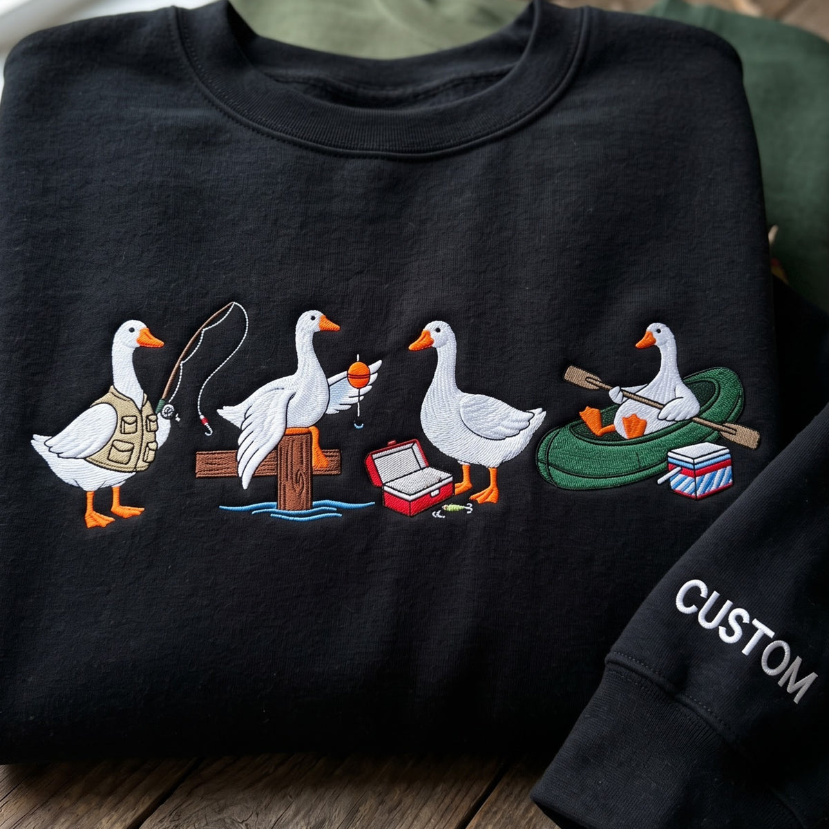 Personalized Fishing Goose Vest Rod Dock Tackle Box Kayak Cooler embroidered sweatshirt — front view
