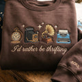 I'd Rather Be Thrifting Vintage Pocket Watch Camera Gramophone Typewriter embroidered sweatshirt — front view