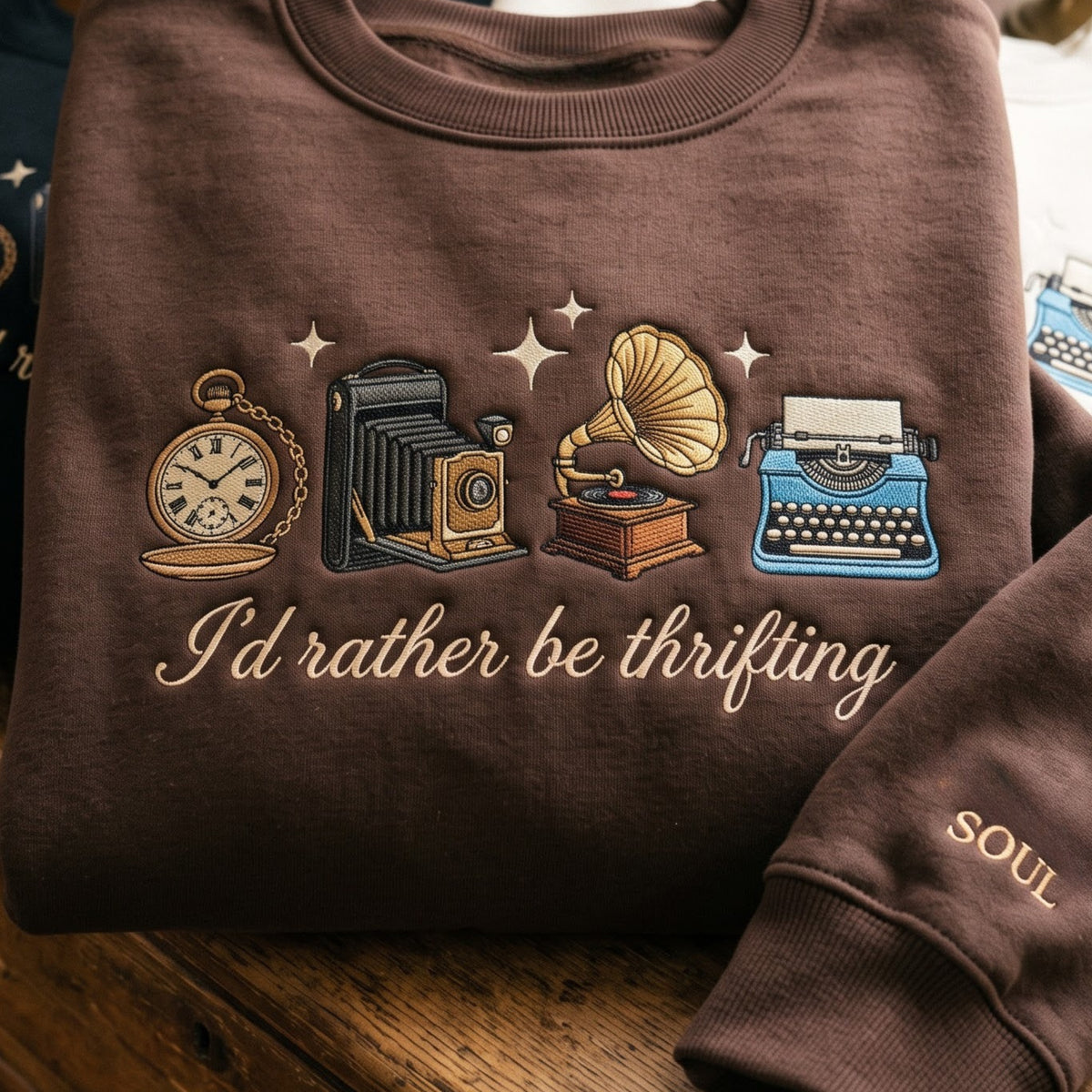 I'd Rather Be Thrifting Vintage Pocket Watch Camera Gramophone Typewriter embroidered sweatshirt — front view