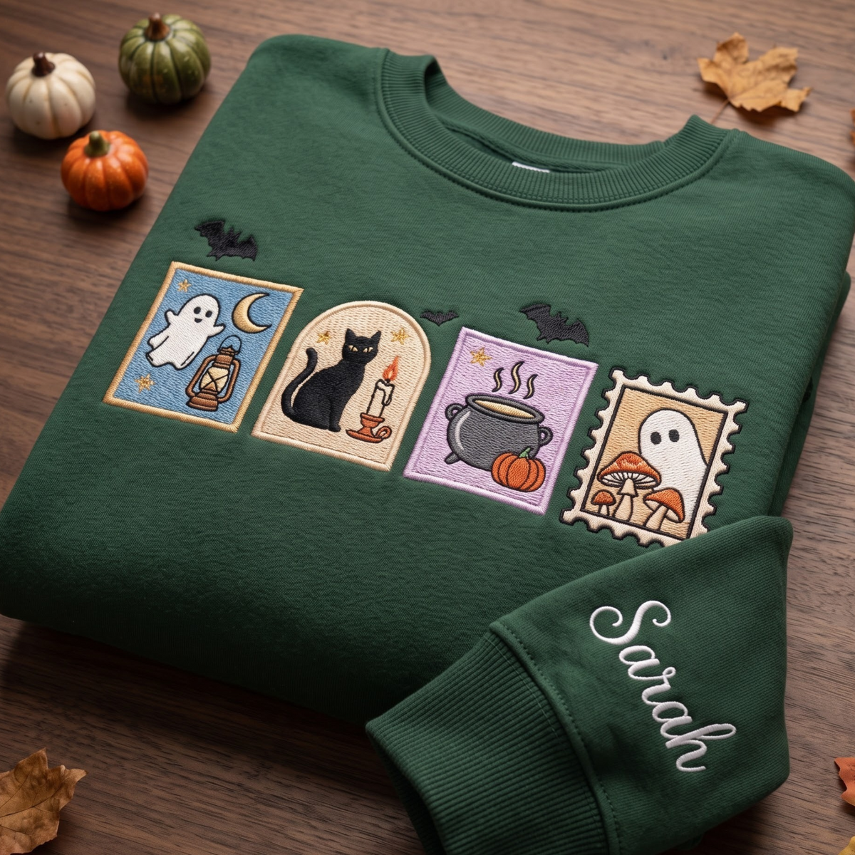 Personalized Halloween Stamp Ghost Black Cat Cauldron Mushroom Bats embroidered sweatshirt — front view