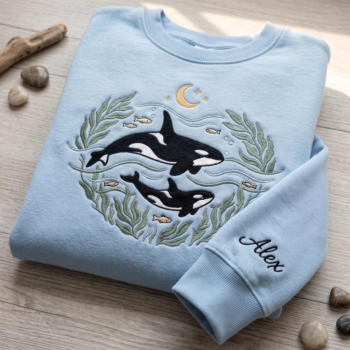 Personalized Orca Whale Mom Baby Kelp Moon Ocean embroidered sweatshirt — front view