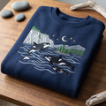 Orca Whale Pod Coastal Cliffs Pine Trees Moon Stars Night Ocean embroidered sweatshirt — front view