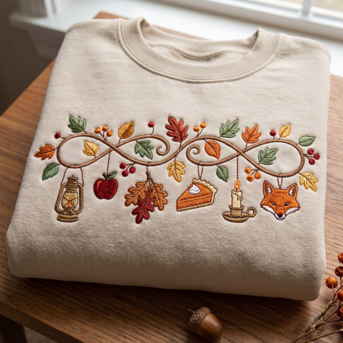 Autumn Infinity Vine Fox Lantern Pumpkin Pie Fall Leaves embroidered sweatshirt — front view