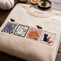 Halloween Stamp Collection Witch Hat Ghost Pumpkin Black Cat Bats embroidered sweatshirt — front view