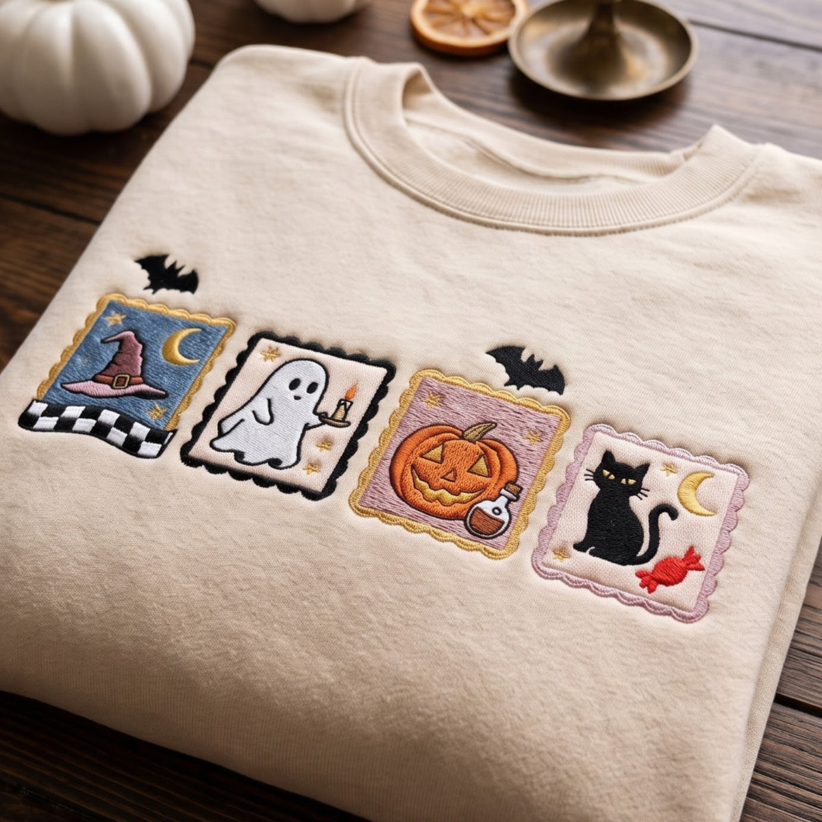 Halloween Stamp Collection Witch Hat Ghost Pumpkin Black Cat Bats embroidered sweatshirt — front view