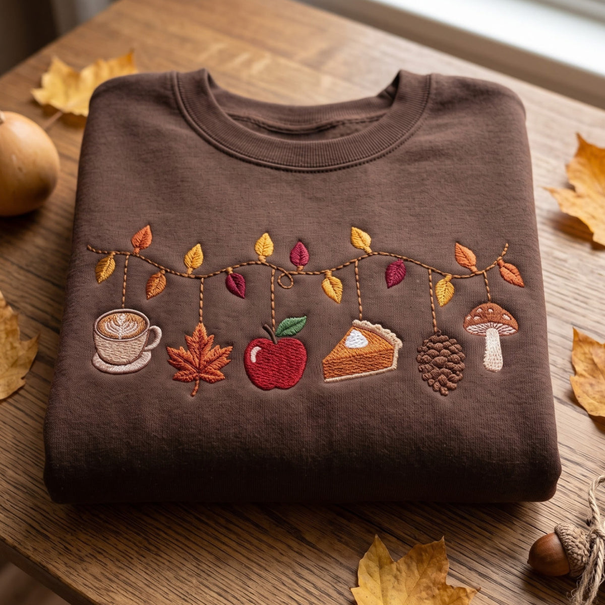 Autumn Branch Hanging Coffee Maple Leaf Apple Pie Pinecone Mushroom embroidered sweatshirt — front view