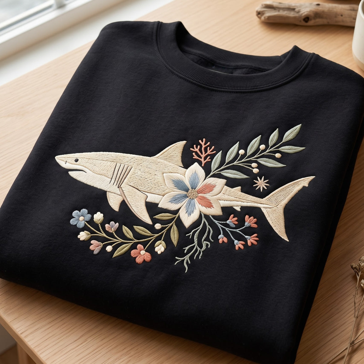 Floral Shark Botanical Ocean Wildflower embroidered sweatshirt — front view