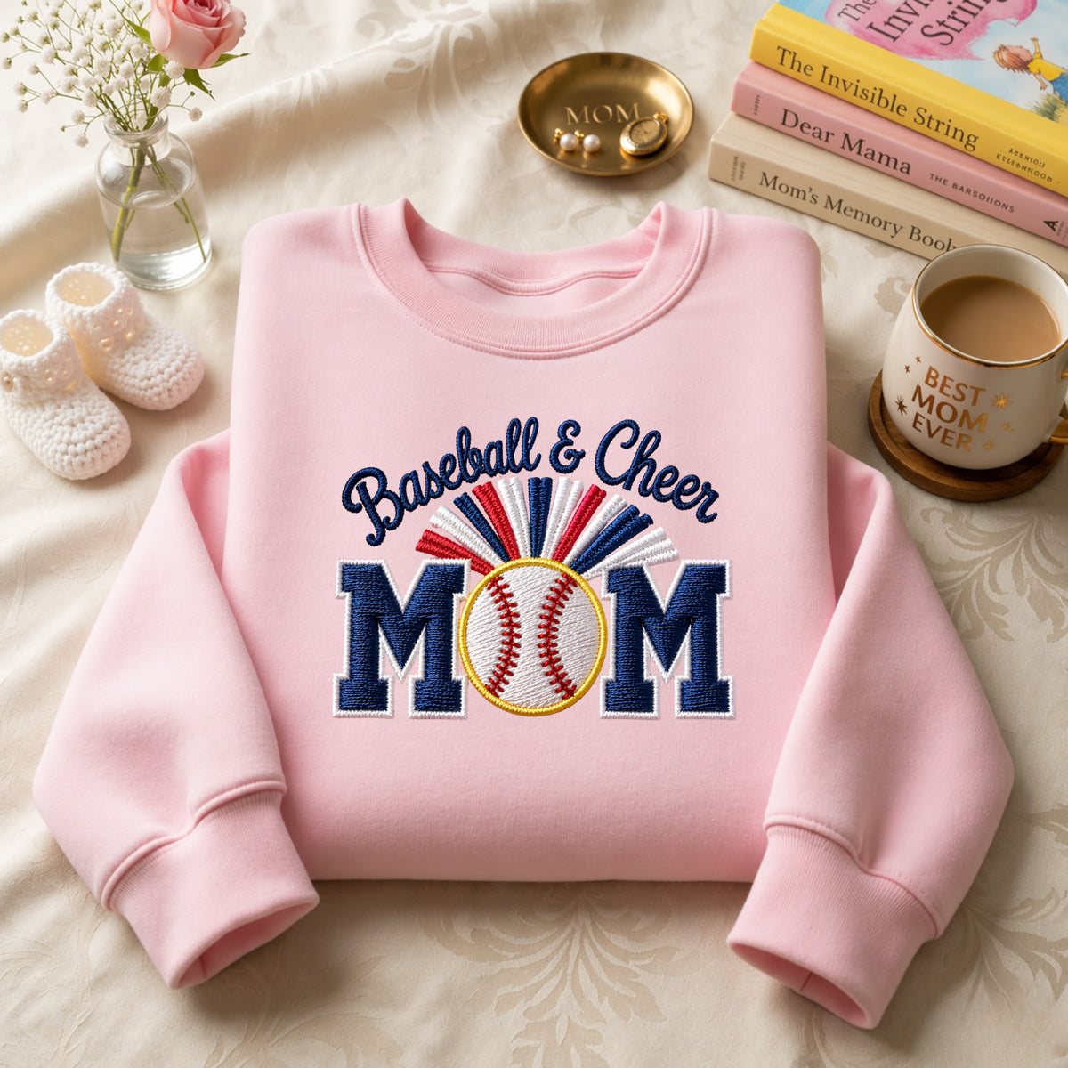 Baseball & Cheer Mom Varsity Letter Sunburst embroidered sweatshirt — front view