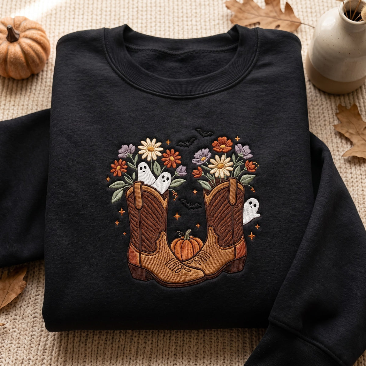 Halloween Cowboy Boots Wildflowers Ghosts Bats Pumpkin embroidered sweatshirt — front view