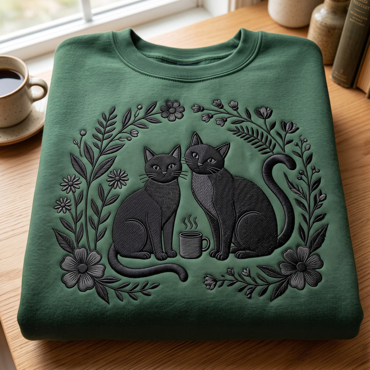 Two Black Cats Coffee Floral Wreath embroidered sweatshirt — front view