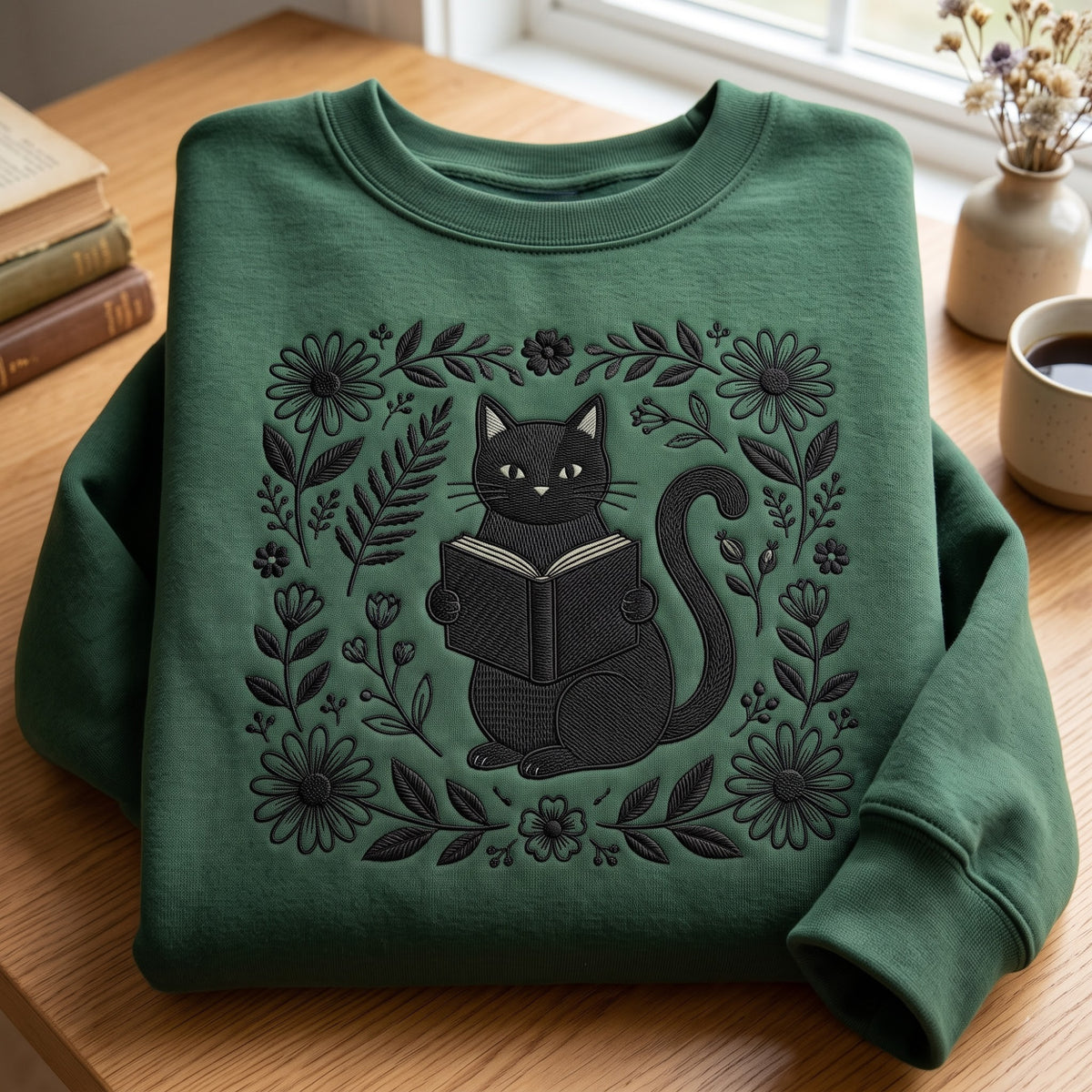 Black Cat Reading Book Floral Wreath embroidered sweatshirt — front view