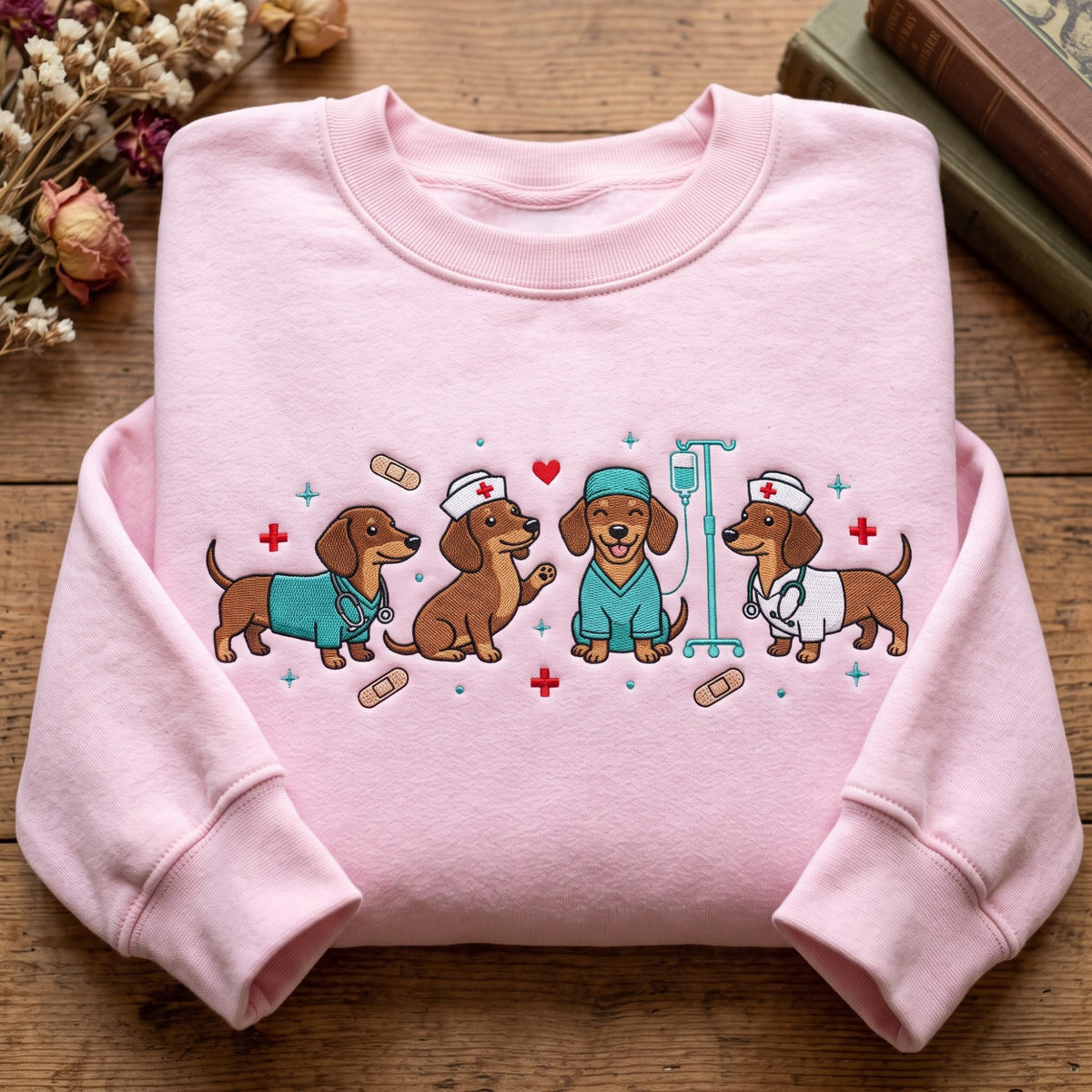 Dachshund Nurse Doctor Medical Scrubs IV Drip Bandage embroidered sweatshirt — front view