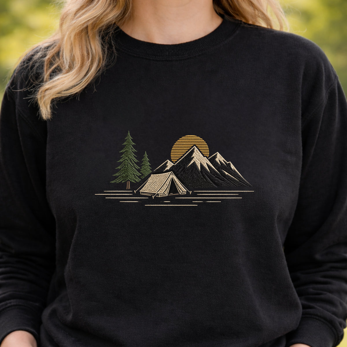 Mountain Tent Pine Trees Sunset Camping Scene embroidered sweatshirt — front view