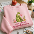 Mom Dinosaur Hugging Baby Dino Floral Raised with Love My Favorite Dinosaur embroidered sweatshirt — front view