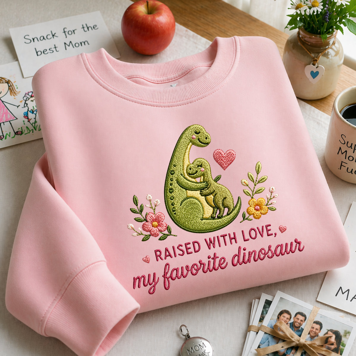 Mom Dinosaur Hugging Baby Dino Floral Raised with Love My Favorite Dinosaur embroidered sweatshirt — front view