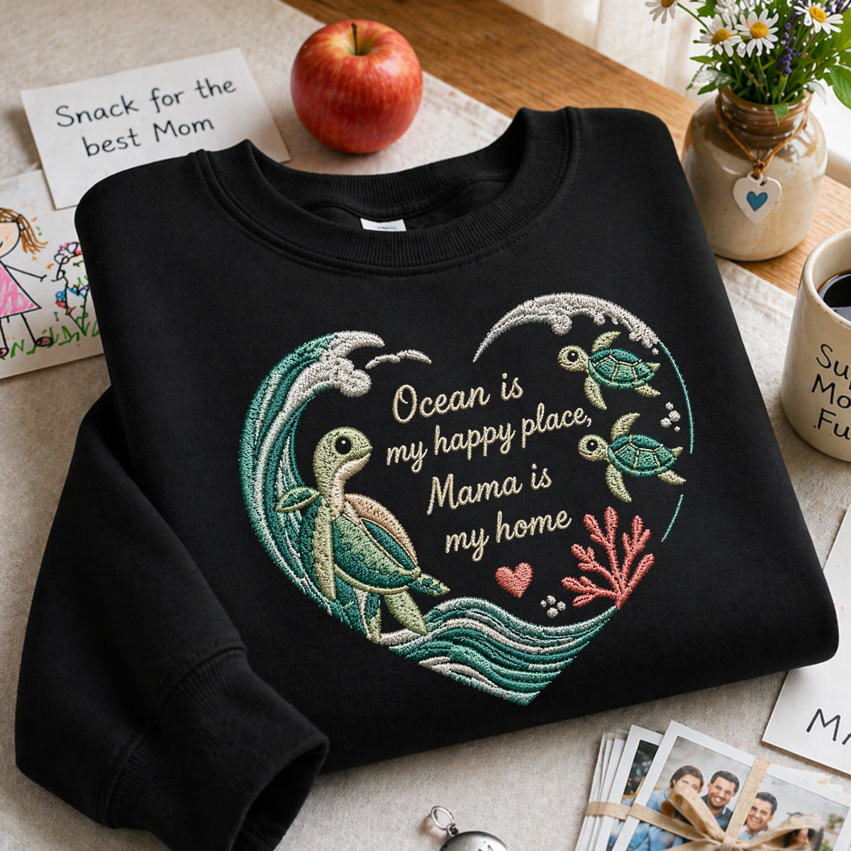 Mama Sea Turtle Ocean Is My Happy Place Mama Is My Home Heart Wave embroidered sweatshirt — front view