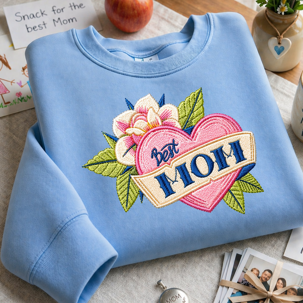 Best Mom Heart Floral Tattoo Banner embroidered sweatshirt — front view