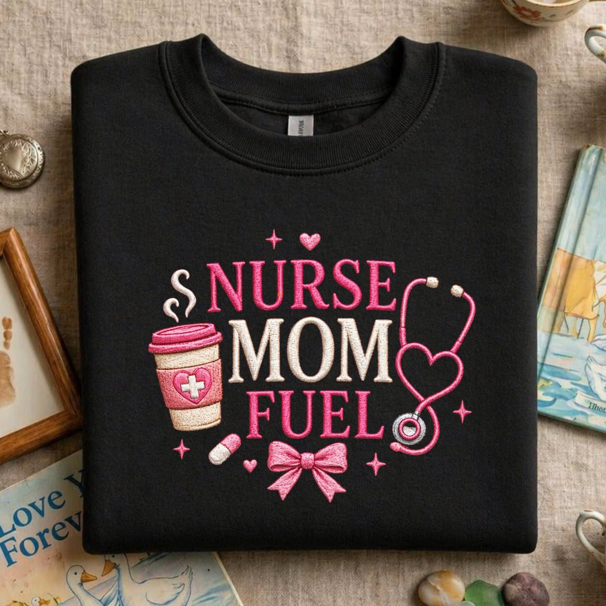 Nurse Mom Fuel Coffee Cup Stethoscope Bow Coquette embroidered sweatshirt — front view