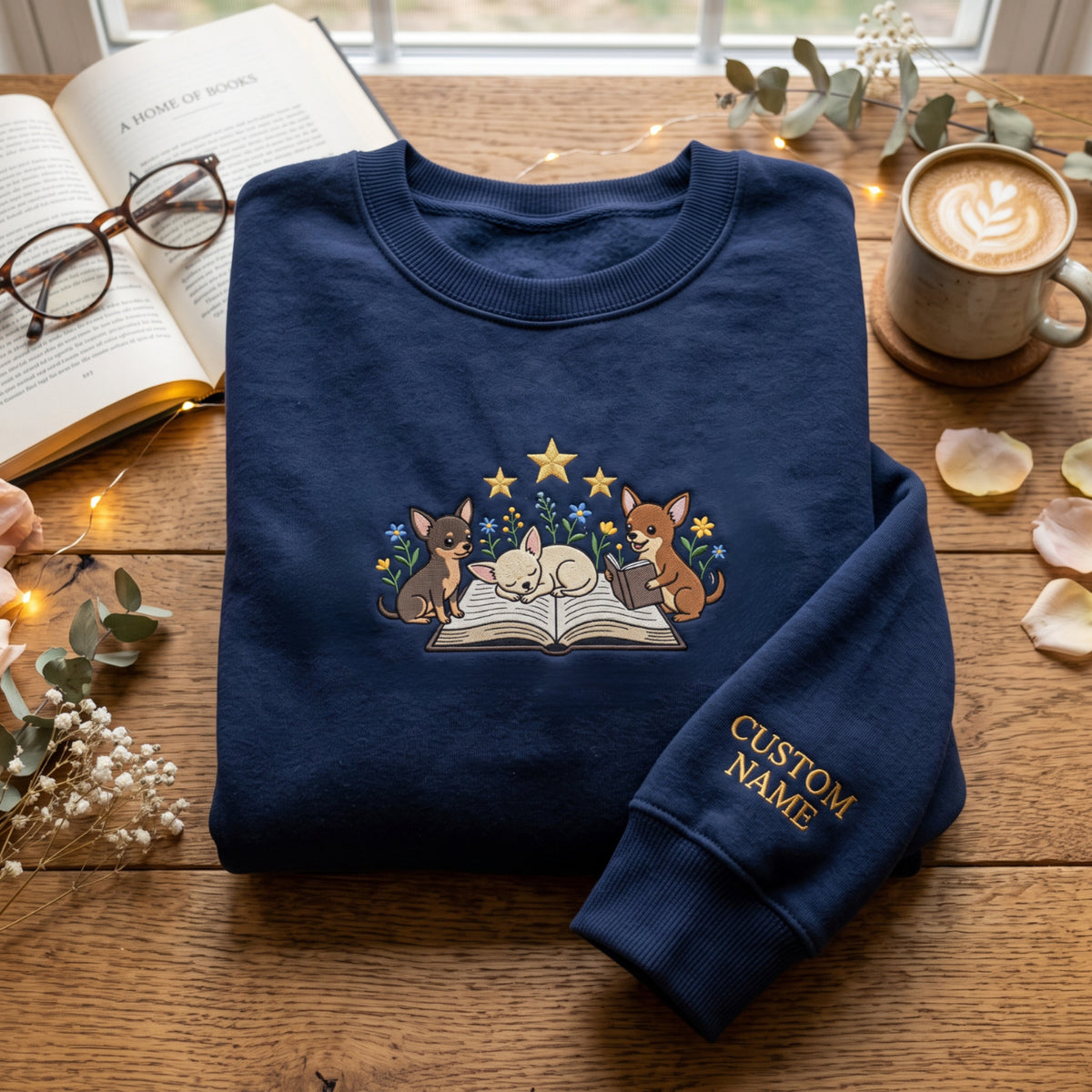 Personalized Three Chihuahuas Reading Book Wildflowers Stars embroidered sweatshirt — front view