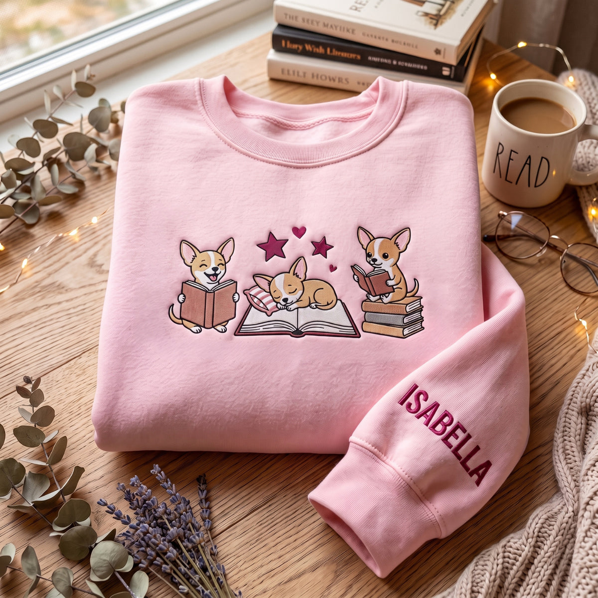 Personalized Three Chihuahuas Reading Books Hearts Stars embroidered sweatshirt — front view