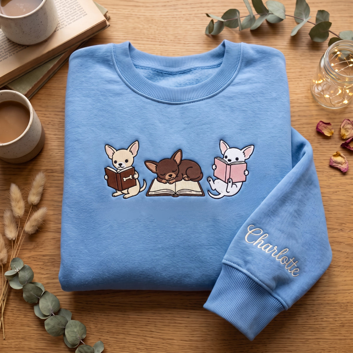 Personalized Three Chihuahuas Reading Books Sleeve Name embroidered sweatshirt — front view