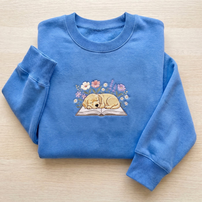 Sleeping Golden Retriever Puppy Wildflowers Open Book Embroidered Sweatshirt