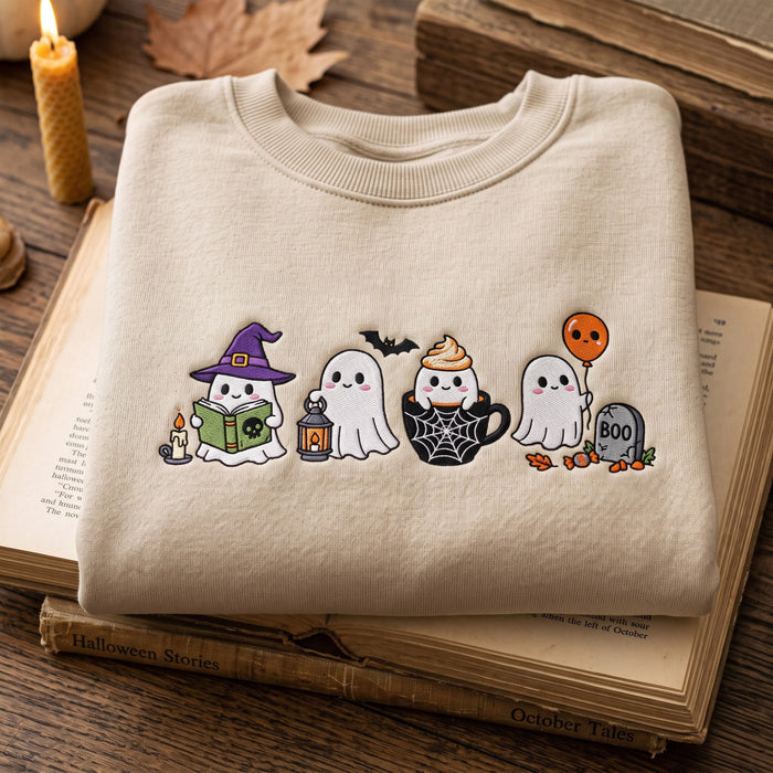 Halloween Four Cute Ghosts Witch Hat Lantern Pumpkin Latte Boo Tombstone Embroidered Sweatshirt