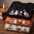 Halloween Ghost Witch Hat Book Lantern Spider Mug Balloon Tombstone Boo embroidered sweatshirt — front view
