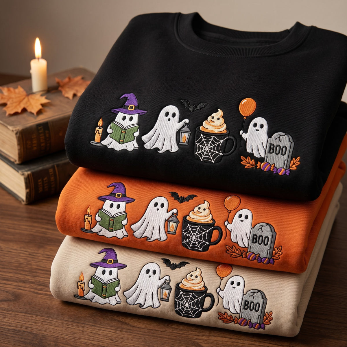 Halloween Ghost Witch Hat Book Lantern Spider Mug Balloon Tombstone Boo embroidered sweatshirt — front view