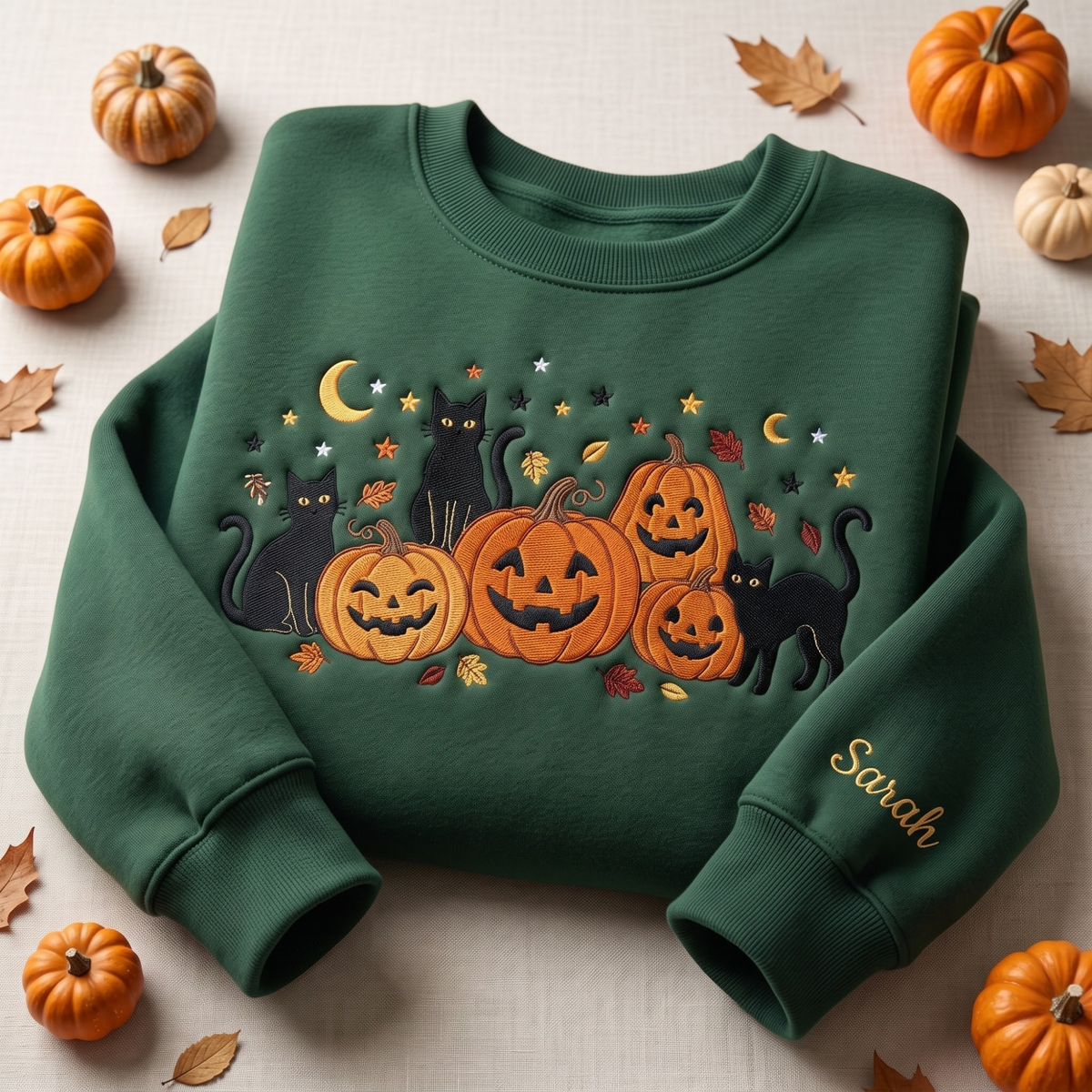 Personalized Halloween Black Cats Jack-O-Lantern Pumpkins Moon Stars Autumn Leaves embroidered sweatshirt — front view