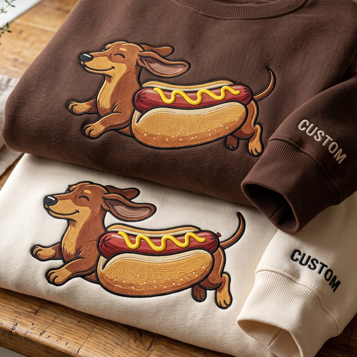 Personalized Dachshund Hot Dog Bun Mustard Funny Wiener Dog embroidered sweatshirt — front view