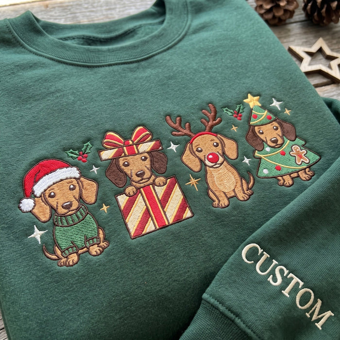 Personalized Christmas Dachshund Four Dogs Holiday Costumes Embroidered Sweatshirt