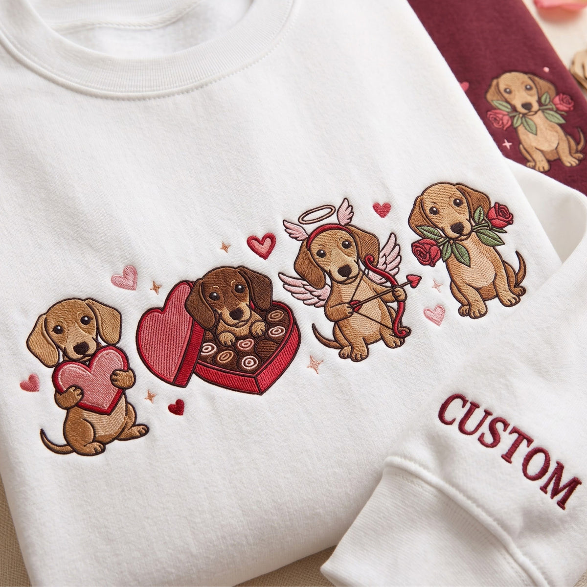 Personalized Valentine Dachshund Cupid Heart Chocolate Box Rose embroidered sweatshirt — front view