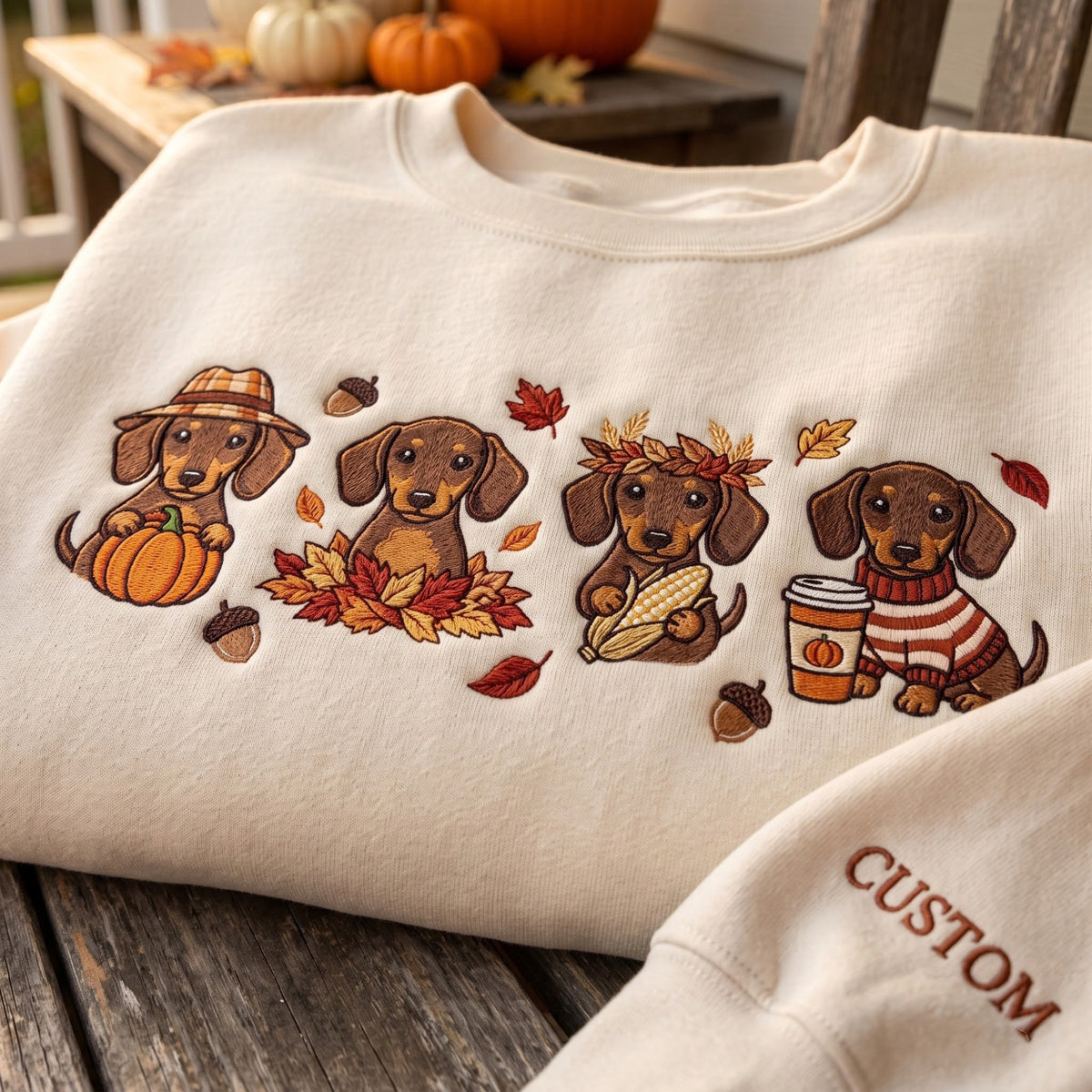 Personalized Fall Dachshund Pumpkin Autumn Leaves Four Seasons embroidered sweatshirt — front view