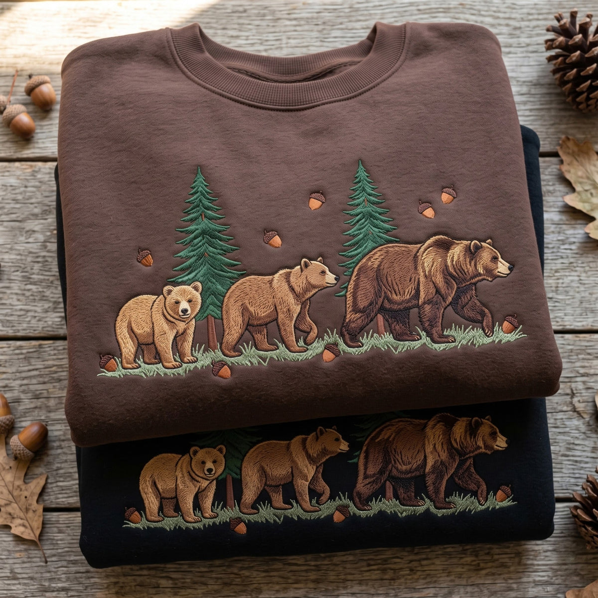 Bear Family Forest Acorns Pine Trees Nature Wilderness embroidered sweatshirt — front view