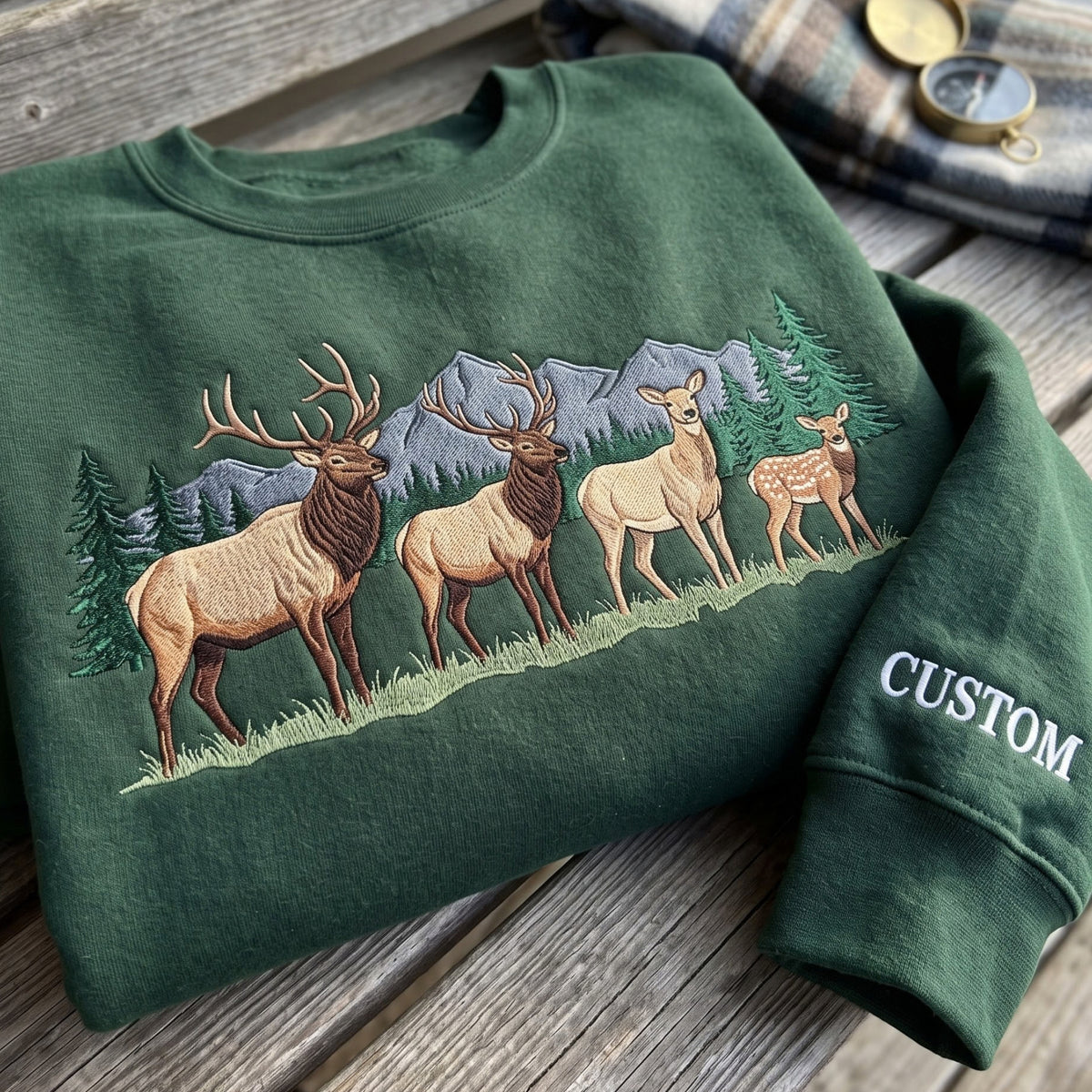 Personalized Elk Deer Family Mountain Forest Scene embroidered sweatshirt — front view