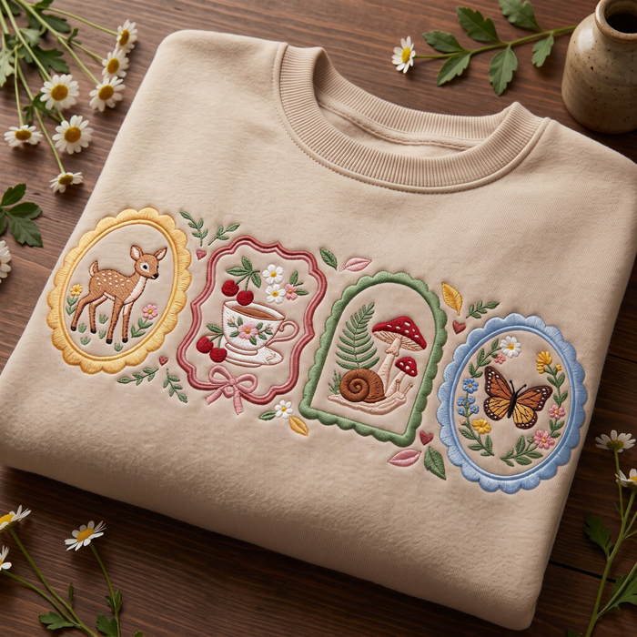 Cottagecore Deer Teacup Mushroom Snail Butterfly Framed Panels Embroidered Sweatshirt