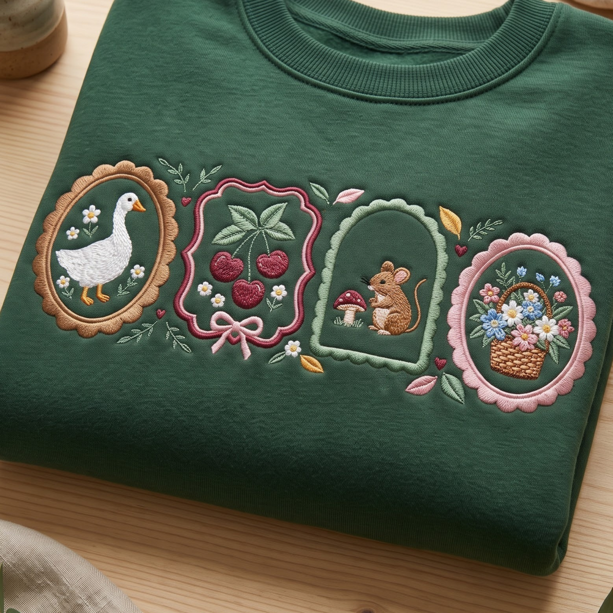 Cottagecore Goose Cherry Mouse Mushroom Flower Basket Vintage Frames embroidered sweatshirt — front view
