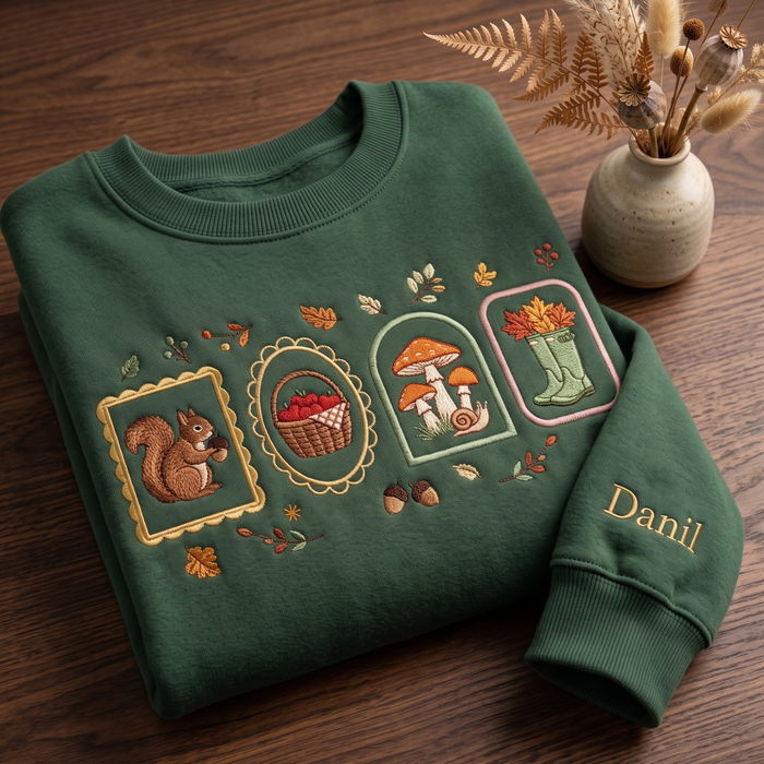 Personalized Autumn Squirrel Mushroom Rain Boots Cottagecore Frames Embroidered Sweatshirt