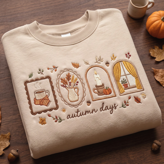Autumn Days Cozy Coffee Candle Window Floral Frames Embroidered Sweatshirt