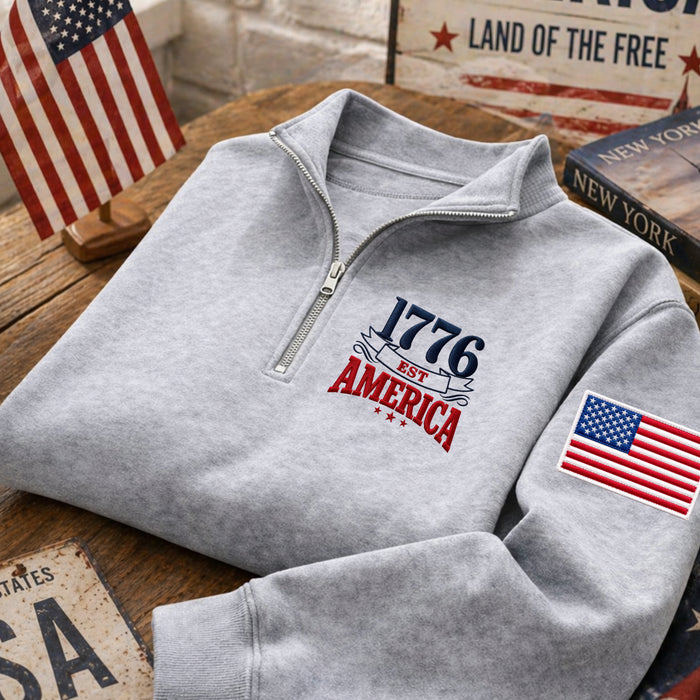 America 1776 EST Flag Patriotic Embroidered Quarter-Zip