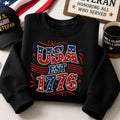 USA EST 1776 Patriotic Stars Stripes Fourth of July embroidered sweatshirt — front view