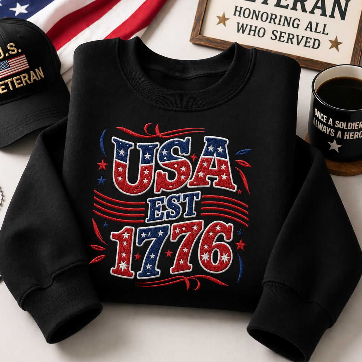 USA EST 1776 Patriotic Stars Stripes Fourth of July embroidered sweatshirt — front view
