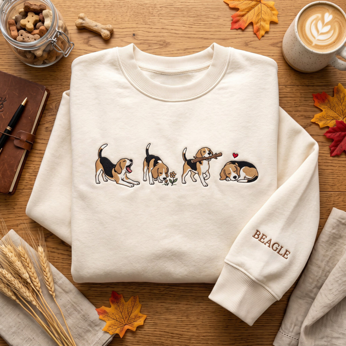 Personalized Beagle Dog Four Poses Playful Sleeping Stick Heart embroidered sweatshirt — front view