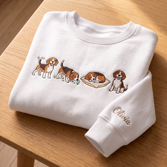 Personalized Beagle Dog Four Poses Playful Sleeping Sitting Embroidered Sweatshirt