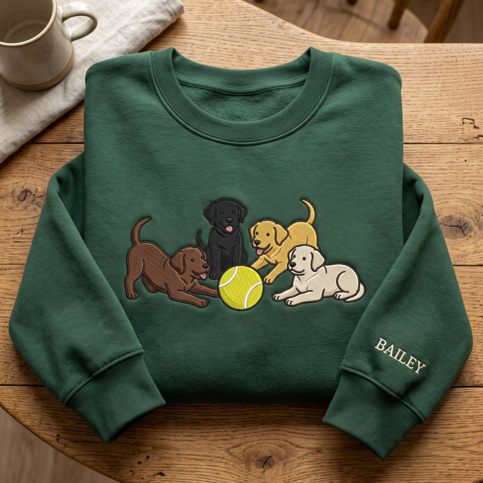 Personalized Four Labrador Puppies Tennis Ball Playing Embroidered Sweatshirt